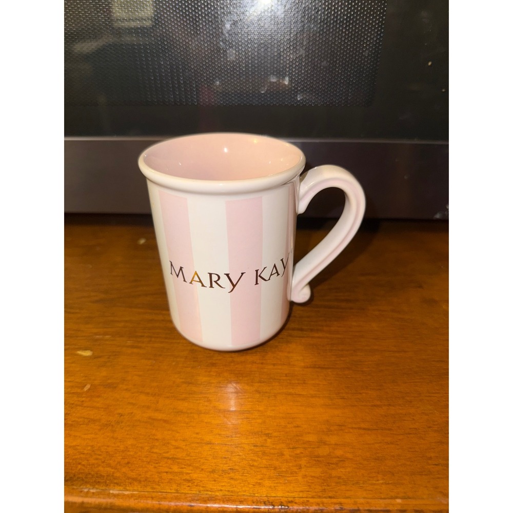 Mary‎ Kay Coffee Mug Pink White Striped Gold Logo Ceramic Tea Cup Collectible